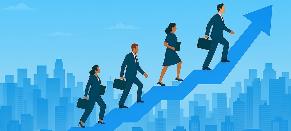 Business people walking up a scaling upward path